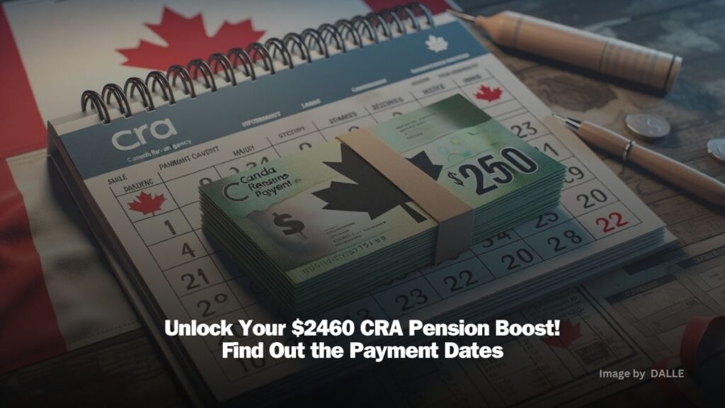 Calendar with highlighted payment dates and a $2460 check representing the CRA additional pension for Canadians, set against a backdrop of iconic Canadian imagery.