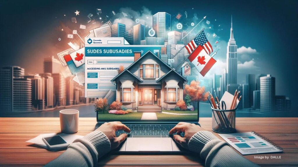 Residential setting with symbols of government rent subsidy access in Canada and the USA, showcasing diversity and inclusion.