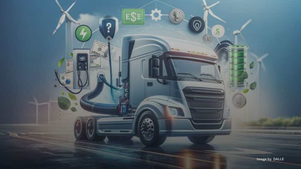 Heavy-duty electric truck with federal iMHZEV incentives, charging technology, and renewable energy sources in the background.