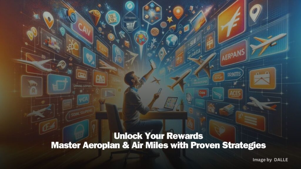 Person using laptop and smartphone with floating icons for Aeroplan and Air Miles point-earning activities.