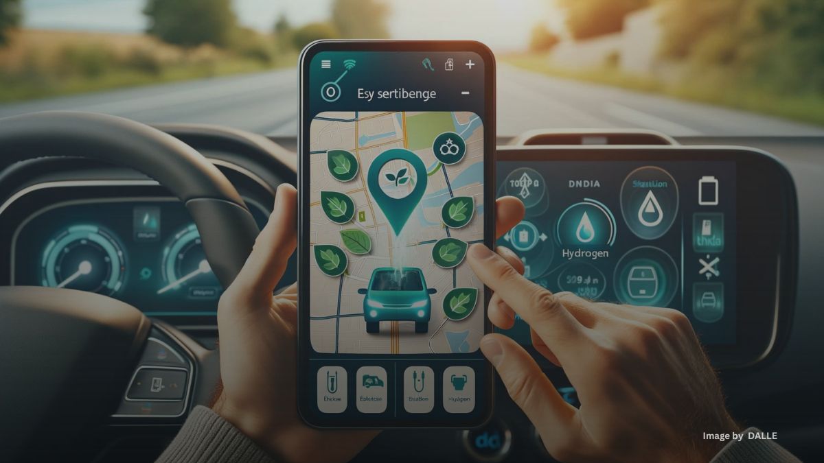 Navigation app on a smartphone showing EV charging and hydrogen refuelling stations in a car, promoting eco-friendly driving.