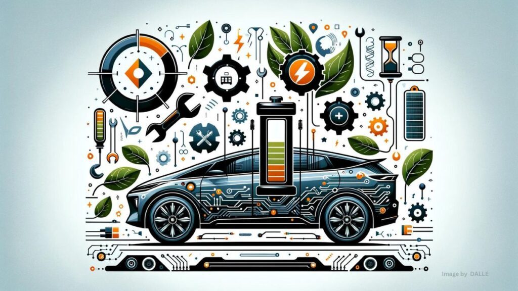 Electric vehicle with highlighted battery, maintenance icons, and sustainability symbols, emphasizing battery care.