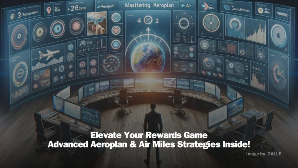 Expert navigating Aeroplan and Air Miles rewards through a high-tech command center with dashboards, growth charts, and global travel rewards imagery.