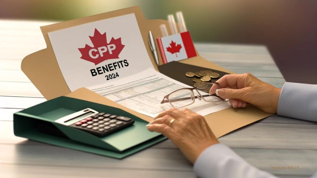 Hands holding 'CPP Benefits 2024' folder with calculator and Canadian flag, emphasizing retirement planning in Canada.