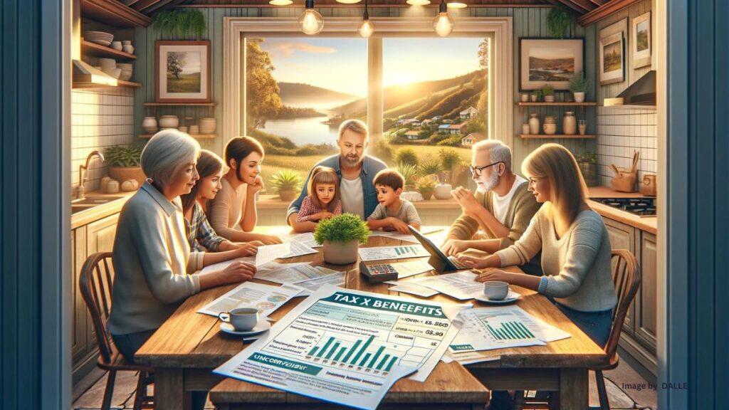 Australians discussing family tax benefits for 2024 around a kitchen table with Australian landscape in the background.