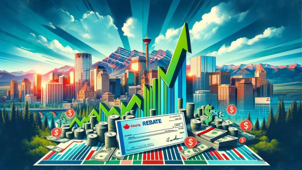 Alberta landscape with Calgary skyline, rising graphs, Canadian dollars, and rebate check, symbolizing the 2024 carbon rebate increase.