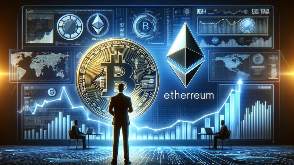 Bitcoin in focus over Ethereum against a blockchain backdrop, symbolizing BlackRock's preference in digital currencies.