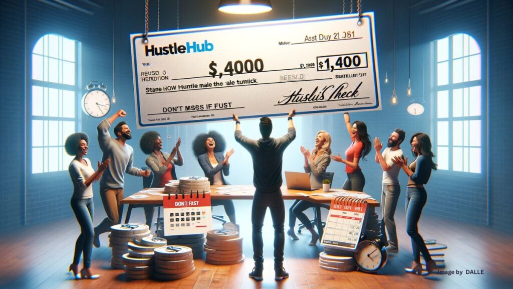 Joyful family receiving $1,400 stimulus check with HustleHub logo, highlighting urgency to claim before deadline.