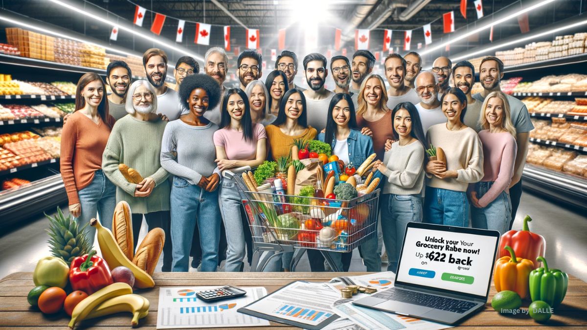 Diverse group smiling with groceries, Canadian flag, and financial planning on laptop, "Unlock Your 2024 Grocery Rebate Now!
