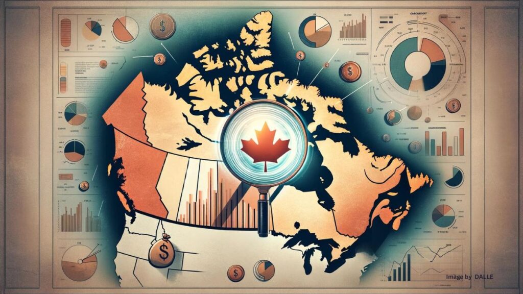 Map of Canada highlighting the province with highest bankruptcy rates, featuring a magnifying glass icon and infographic trends.