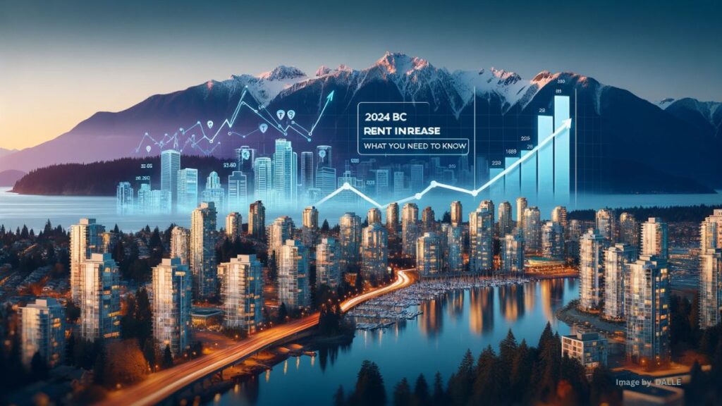 2024 BC Rent Increase chart with Vancouver skyline and mountains.