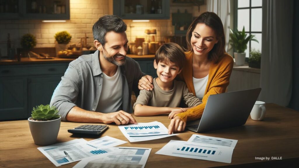 Happy family planning finances at home with documents and laptop, parents and a children engaged and smiling.