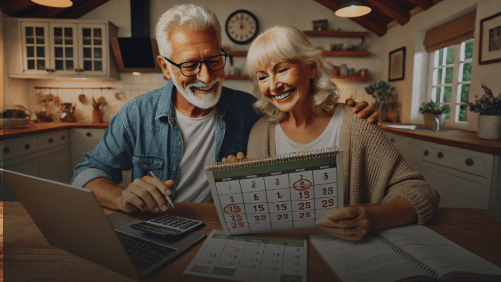 Canadian seniors reviewing CPP finances at home with laptop and calendar.