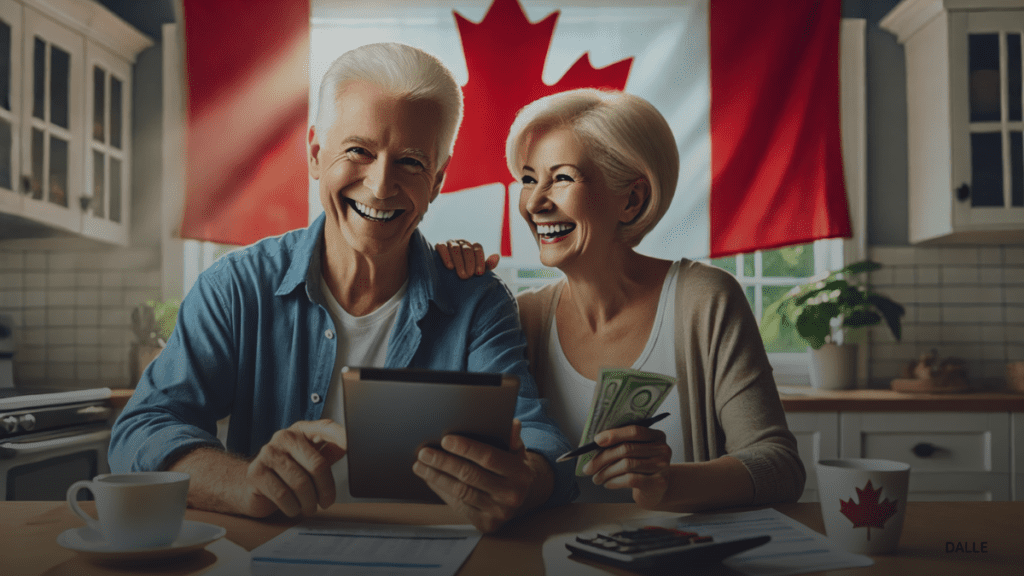 Happy senior couple discussing CRA Sending double payments with Canadian flag in background.