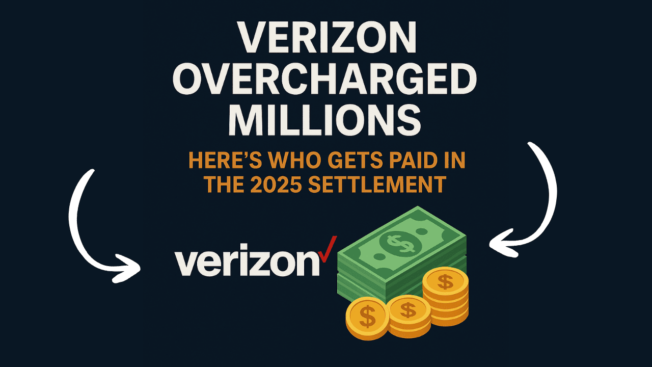 Verizon Overcharged Bold text reads “Verizon Overcharged Millions – Here’s Who Gets Paid in the 2025 Settlement” with Verizon logo and dollar icons.