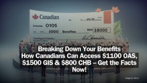 Canadians from all walks of life gather around a large check detailing OAS, GIS, and CHB benefits, against a backdrop of Canadian flag motifs.