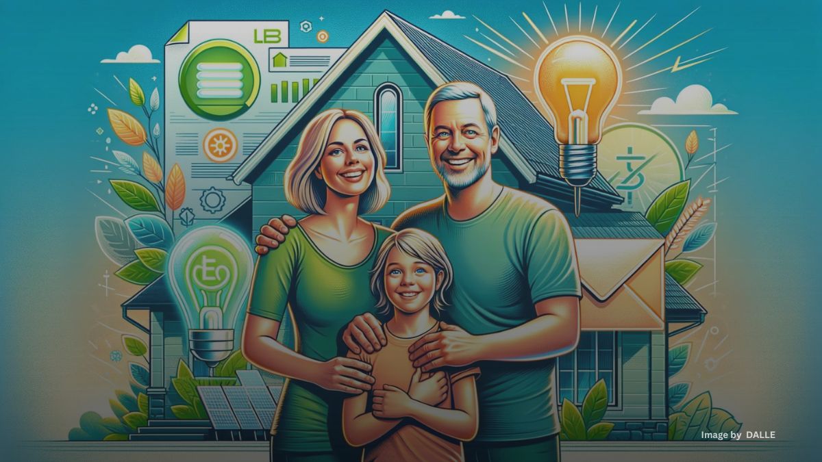 Happy family standing in front of their home with solar panels and LED bulbs, symbolizing savings from government energy efficiency programs.