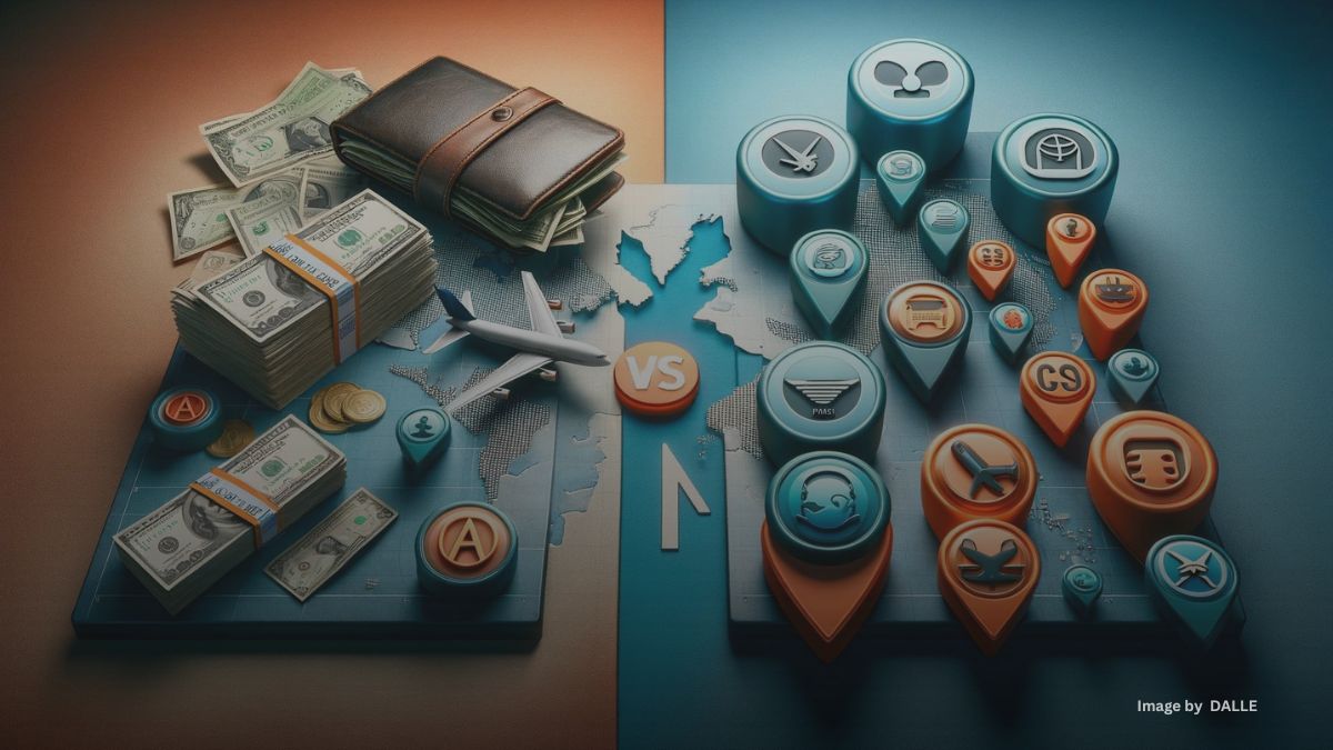Air travel cost comparison: Cash versus Points with Aeroplan and world map background.