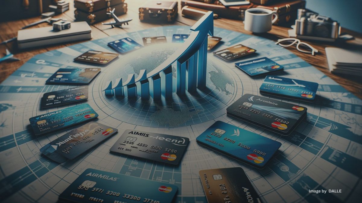 Credit cards with Airmiles and Aeroplan logos fanned out, symbolizing travel rewards maximization.