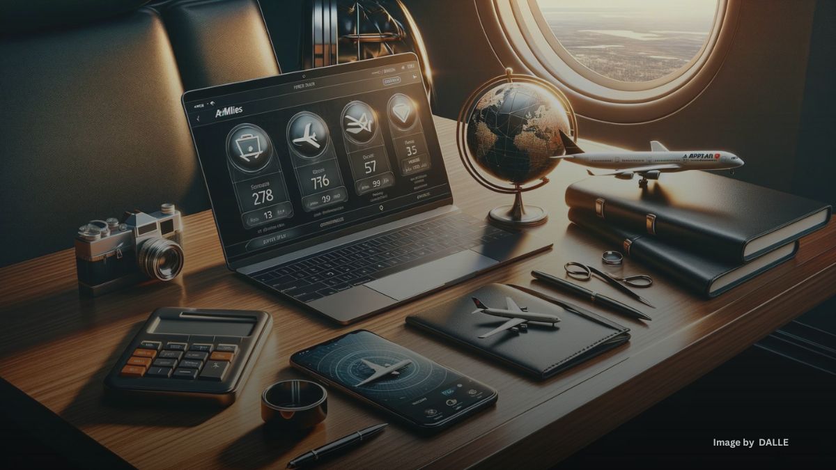 Business travel essentials with Airmiles and Aeroplan rewards on a luxury office desk.