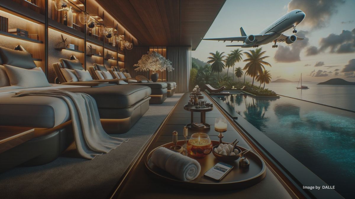 Luxury travel experiences with Airmiles and Aeroplan points, featuring first-class flight and upscale hotel.