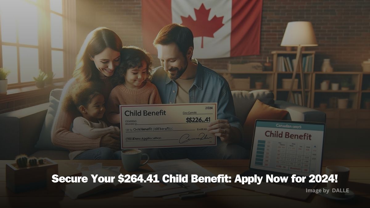 Happy Canadian family holding a $264.41 child benefit check for 2024, with a laptop displaying 'Child Benefit Application' and the Canadian flag in the background.