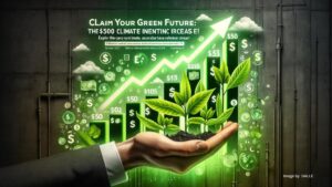 Hand holding green shoots with Canadian dollar signs, symbolizing the $500 Climate Action Incentive increase against a greener future backdrop.