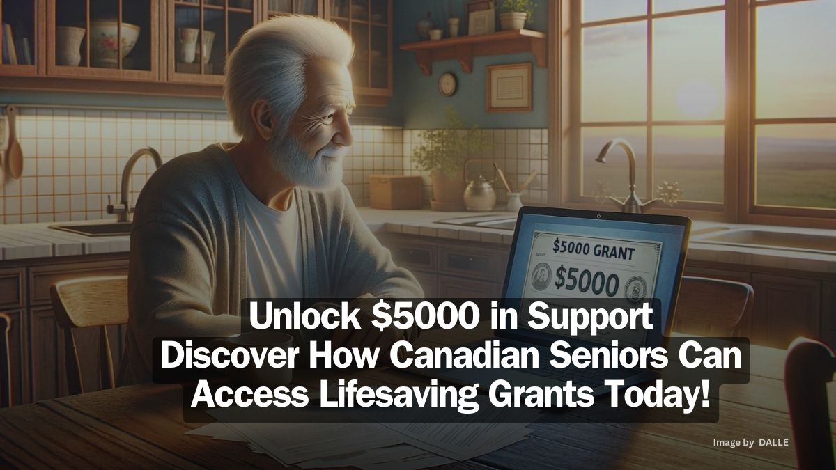 Hopeful senior citizen at kitchen table with laptop showing $5000 grant information, symbolizing financial support and gratitude.