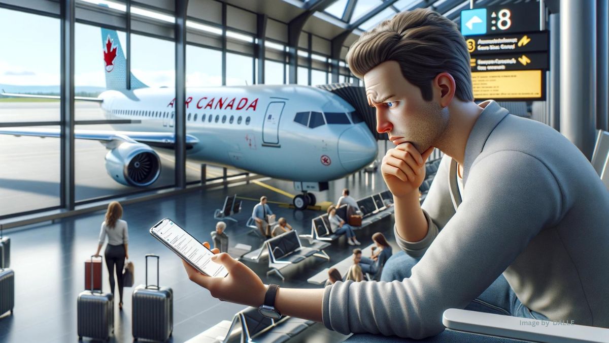 Frustrated passenger checking smartphone with Air Canada plane in background at airport.