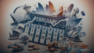 February 2024 calendar with pension increase dates highlighted, set against iconic Australian landmarks and symbols of financial security.