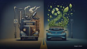 Before-and-after transition from a gas-powered car to an electric vehicle, highlighting the BC Scrap-It Program's environmental benefits.