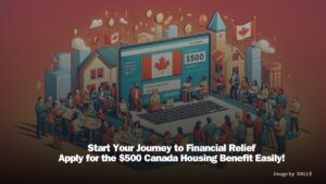 Diverse group applying for the $500 Canada Housing Benefit online, with Canadian flag and financial relief symbols, showcasing digital accessibility.