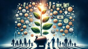 Financial growth from Canada Child Benefits 2024, with piggy banks and coins as plants, Canadian maple leaf, and diverse families.