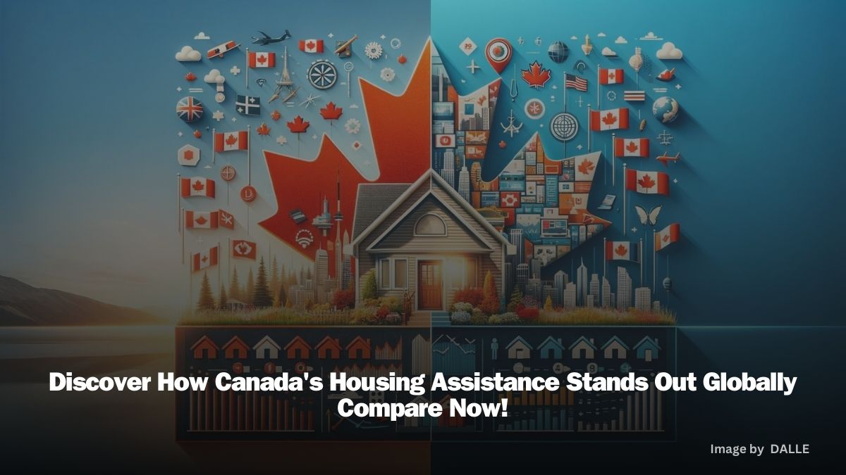 Comparative image showing Canadian housing assistance with a maple leaf emblem versus global programs, featuring iconic international landmarks and housing symbols.