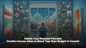 Canadian home office scene with a person exploring creative income sources on a laptop, surrounded by symbols of creativity like a camera, paintbrushes, and a musical instrument, with a scenic Canadian backdrop through the window.