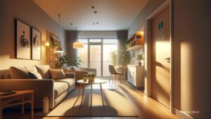 Cozy and accessible apartment interior with affordable furnishings, natural light, and inclusive design features.