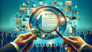 Magnifying glass over settlement documents with blurred financial rewards in the background, symbolizing eligibility scrutiny for Dollarama settlement claims.