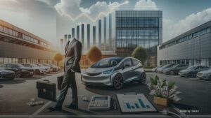 Electric vehicle in business setting with savings graph and tax incentive paperwork, symbolizing federal tax benefits for businesses.