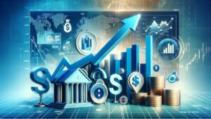 Upward trend graph and financial symbols depicting GIC rates increase for 2024, in blues, greens, and golds.