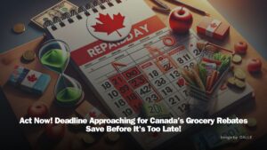 Urgent reminder of Canada's grocery rebate deadline with a calendar marked in red, a pile of Canadian dollars, and a receipt showcasing savings, emphasizing the importance of timely claims to maximize benefits.