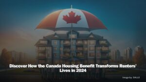 Diverse group of happy renters under a protective umbrella in front of a residential building at sunrise, symbolizing the Canada Housing Benefit's support in 2024.