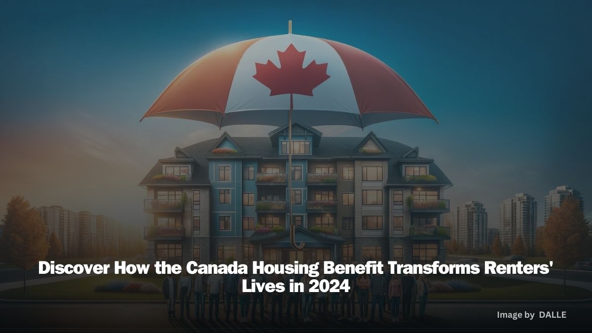 Diverse group of happy renters under a protective umbrella in front of a residential building at sunrise, symbolizing the Canada Housing Benefit's support in 2024.