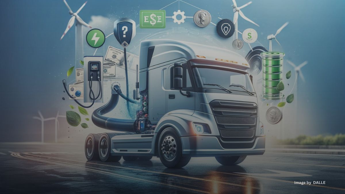 Heavy-duty electric truck with federal iMHZEV incentives, charging technology, and renewable energy sources in the background.