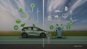 Comparative image of ZEV and gas-powered vehicle with symbols of sustainability and costs, against a transitioning city to green landscape backdrop.