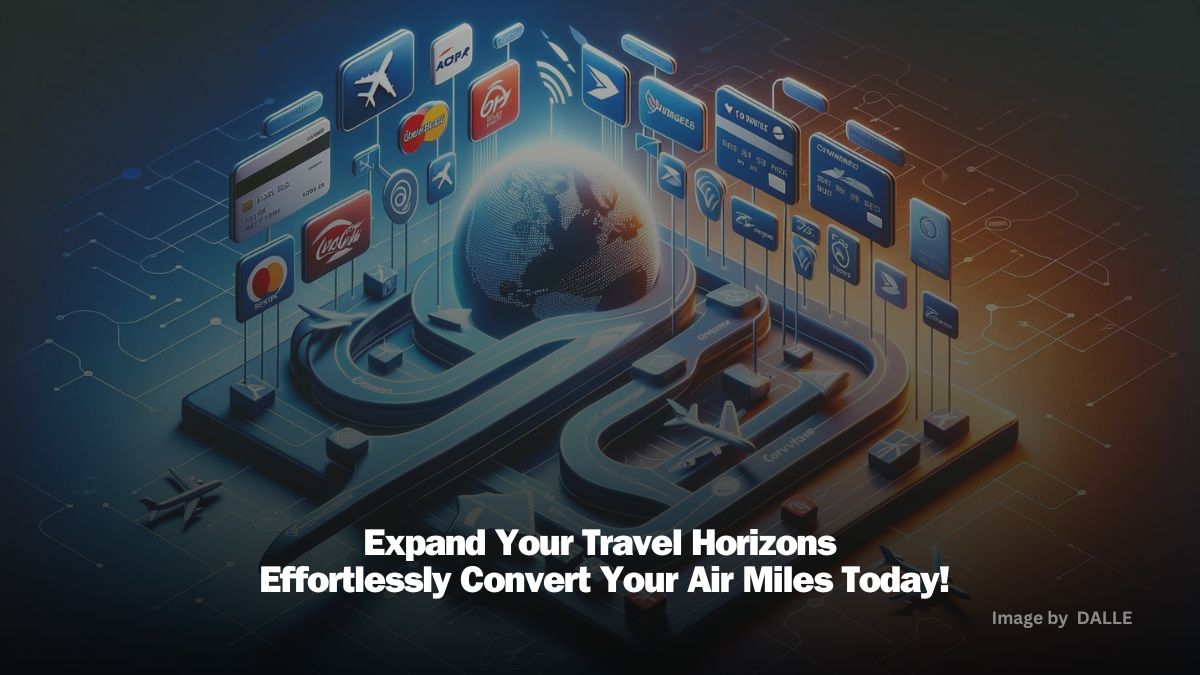 Graphic representation of converting Air Miles to various airline loyalty programs, featuring cards, global network symbols, and arrows indicating exchange.