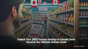 A shopper in a Canadian grocery store smiles while holding a smartphone displaying a 'Rebate Approved!' message, with shelves of diverse food products and a 2023 calendar in the background, highlighting savings opportunities.