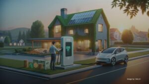 Professional installation of a modern EV charger at a home, featuring financial incentives and eco-friendly symbols.