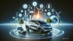 Modern electric vehicle showcasing savings with iZEV program, featuring eco-friendly elements like wind turbines and solar panels.