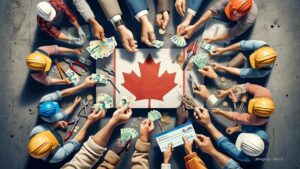 Diverse hands receiving $2,400 workers benefit cheque with Canadian flag and maple leaf background, symbolizing support for all Canadians.
