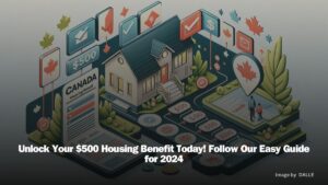 Infographic detailing the $500 Canada Housing Benefit application process with a Canadian home graphic, steps from application to receipt, and iconic Canadian imagery.
